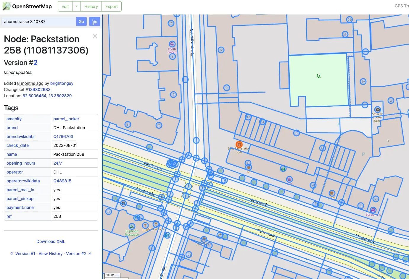 A screenshot of Open Street Map, showing a selected point object which is a DHL packstation.